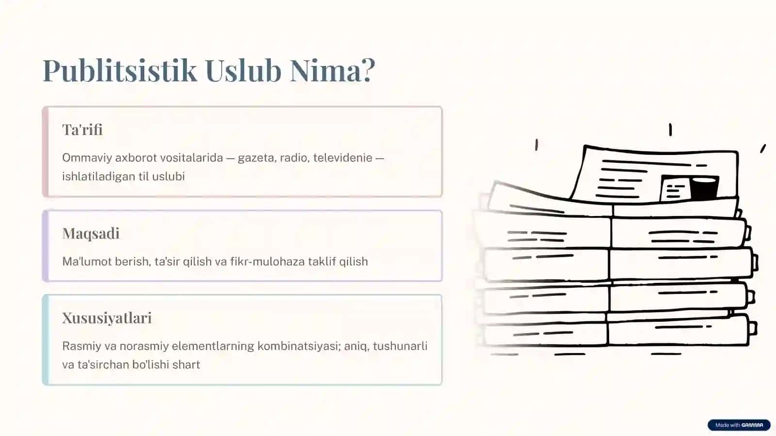Publitsistik uslub va og‘zaki uslubning leksik-grammatik xususiyatlari. OAV haqida tushuncha. Publit 2