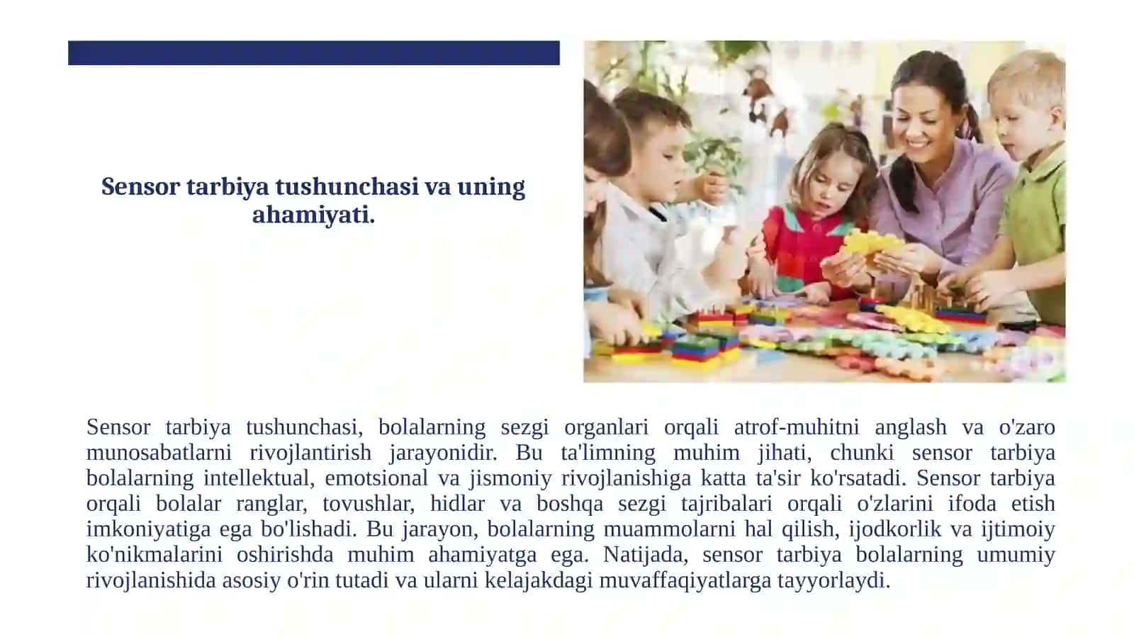 Maktabgacha ta’lim yoshidagi bolalarga sensor tarbiya asosida sensomotorika indikatorlarini shakllantirish. 2
