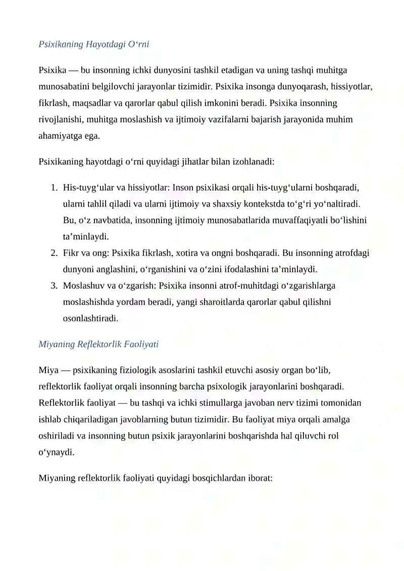 Psixikaning hayotdagi õrni va miyaning reflektorlik faoliyati 2