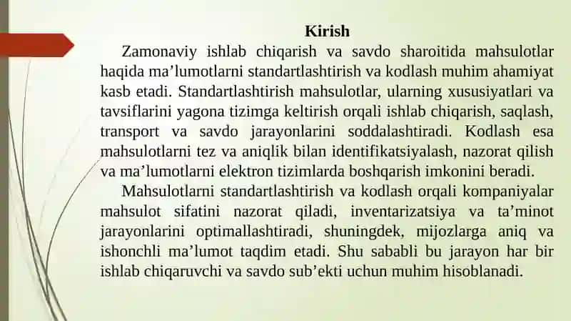 Mahsulotlar haqida ma’lumotlarni standartlashtirish va kodlash 2