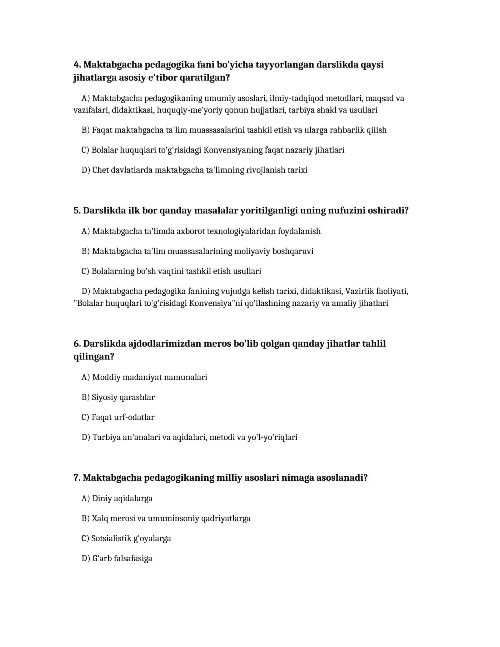 Maktabgacha pedagogika fanidan test 2