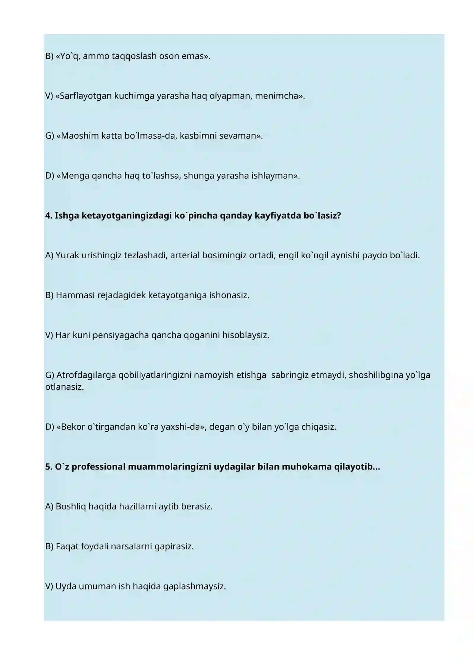 KASBINGIZ O`ZINGIZGA MUNOSIBMI? (PSIXOLOGIK TEST) 2