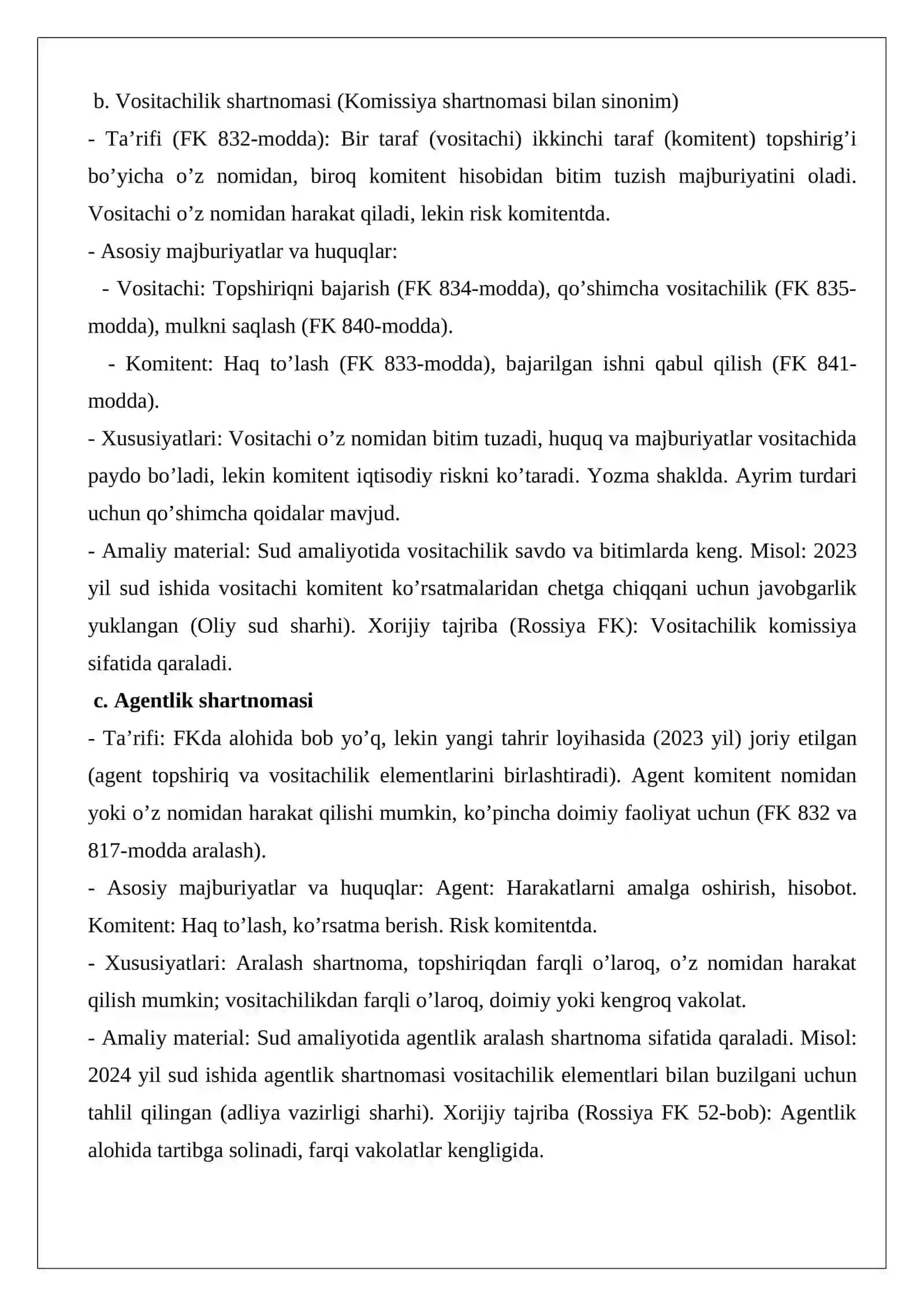 Vositachilik, komissiya va agentlik shartnomalarining o’zaro farqlari 2