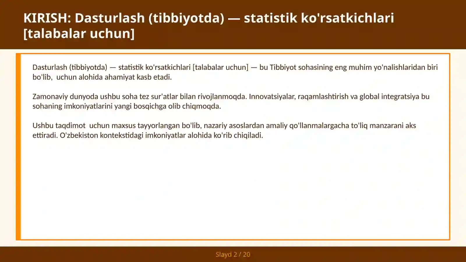 Dasturlash (tibbiyotda) — statistik ko'rsatkichlari [talabalar uchun] 2