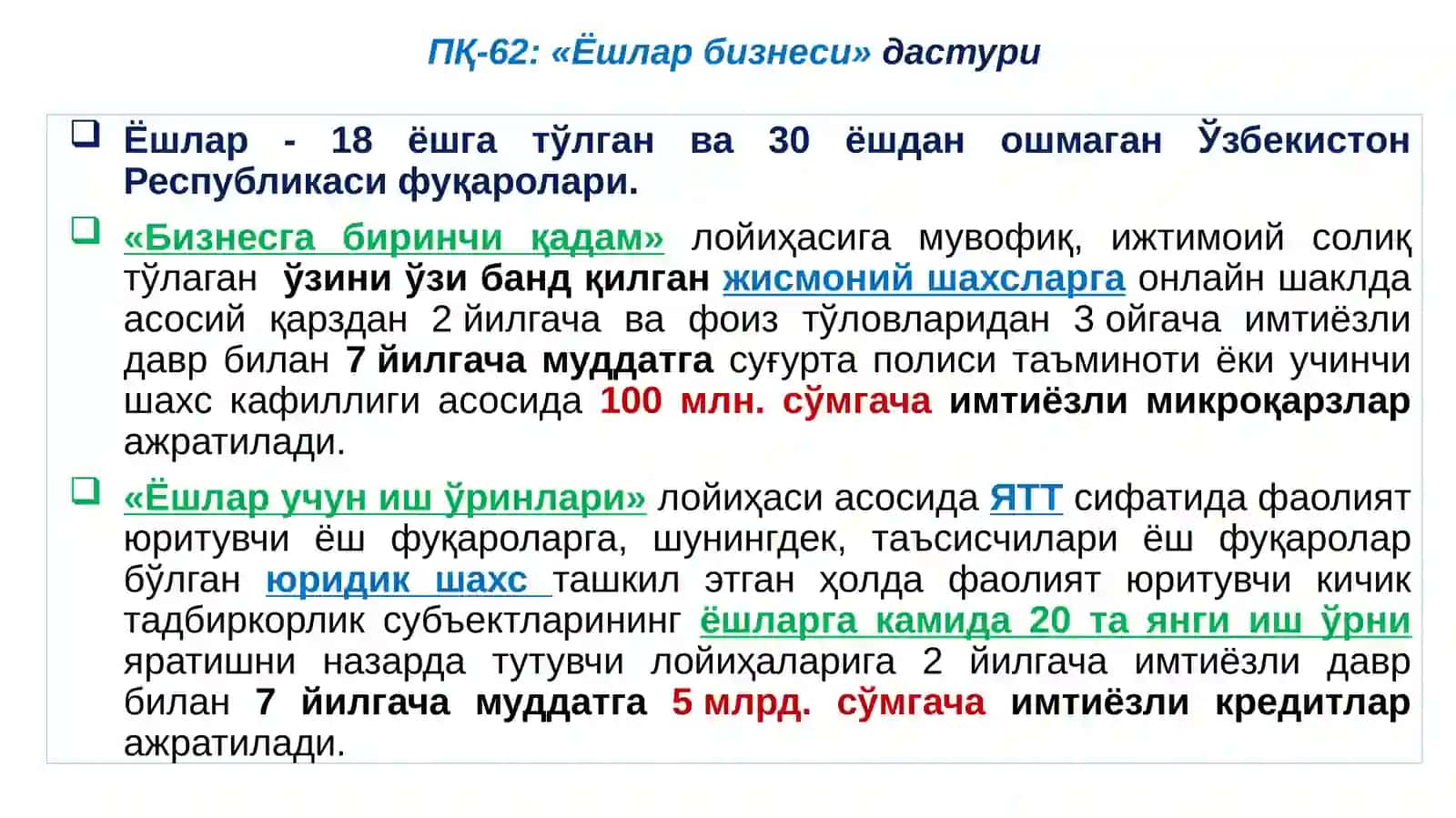 «ЁШЛАР БИЗНЕСИ» дастури бўйича имтиёзли кредитлар ажратиш М Е Х А Н И З М И 2