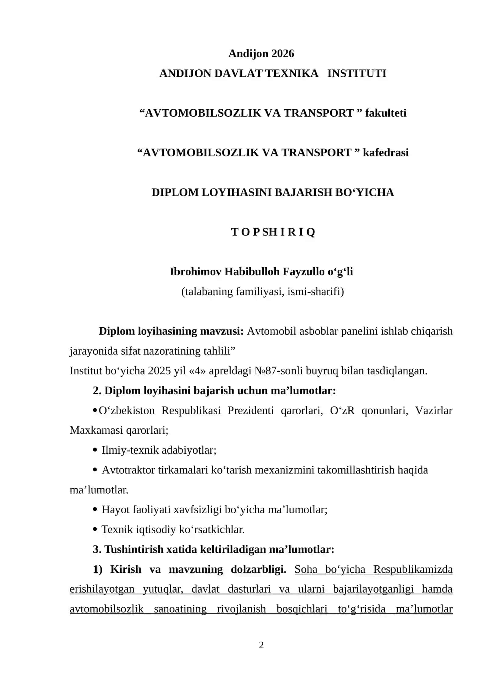 "DIPLOM LOYIHASI BO'YICHA TUSHUNTIRISH XATI" 2