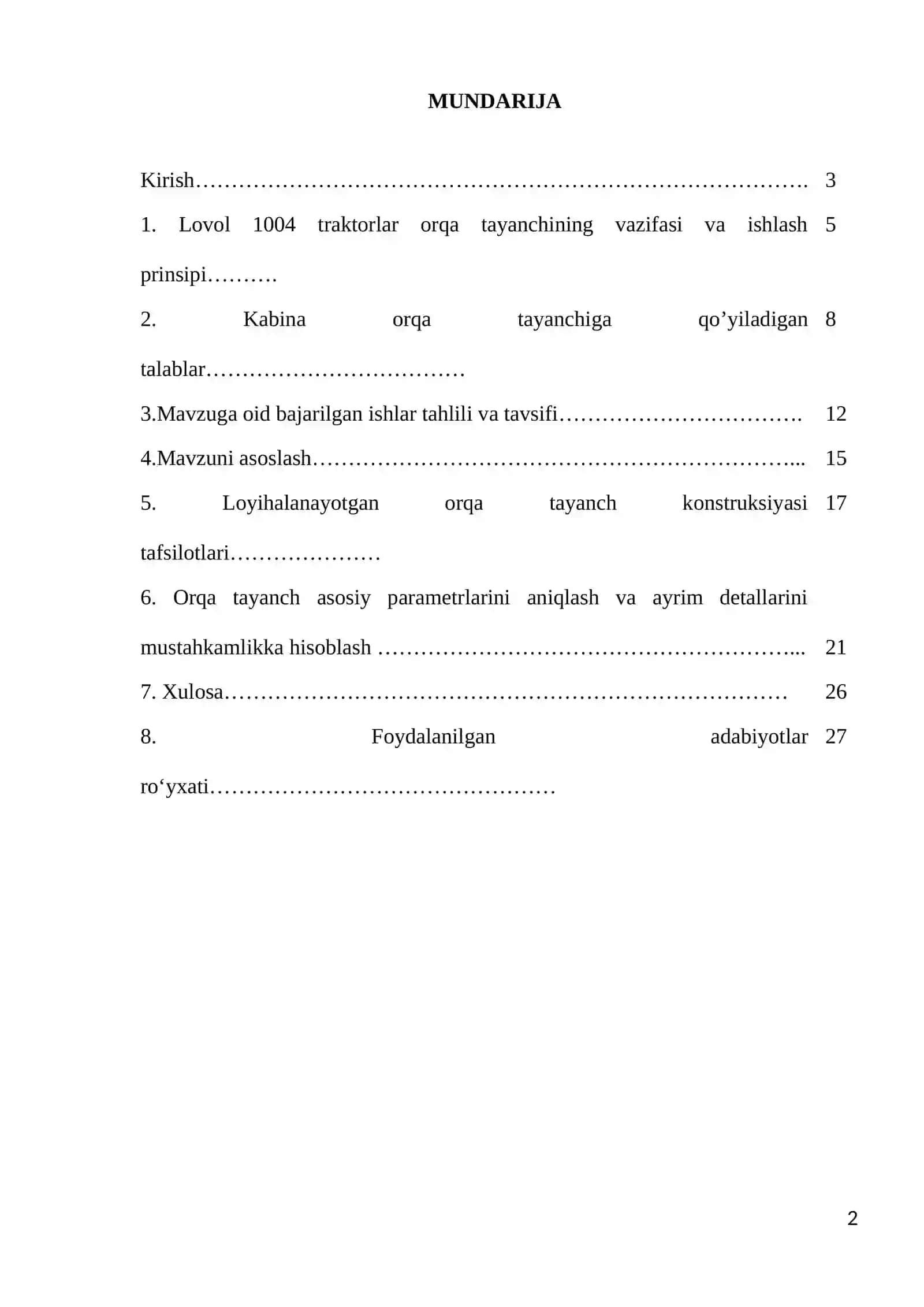Lovol 1004 traktori kabinasini transmissiyaga mahkomlovchi orqa tayanchini loyihalash 2