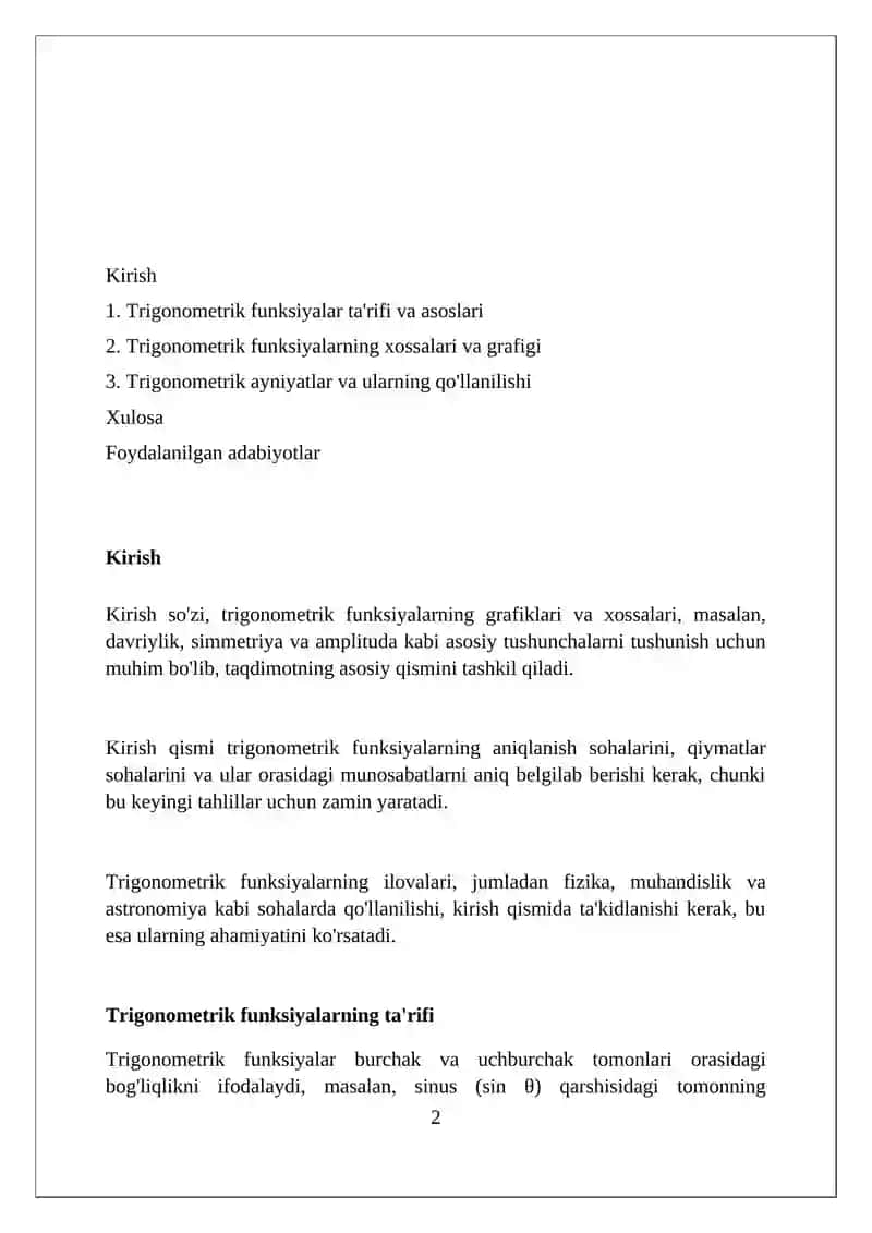 Triganametrik funksiyalar va ularning xossalari 2