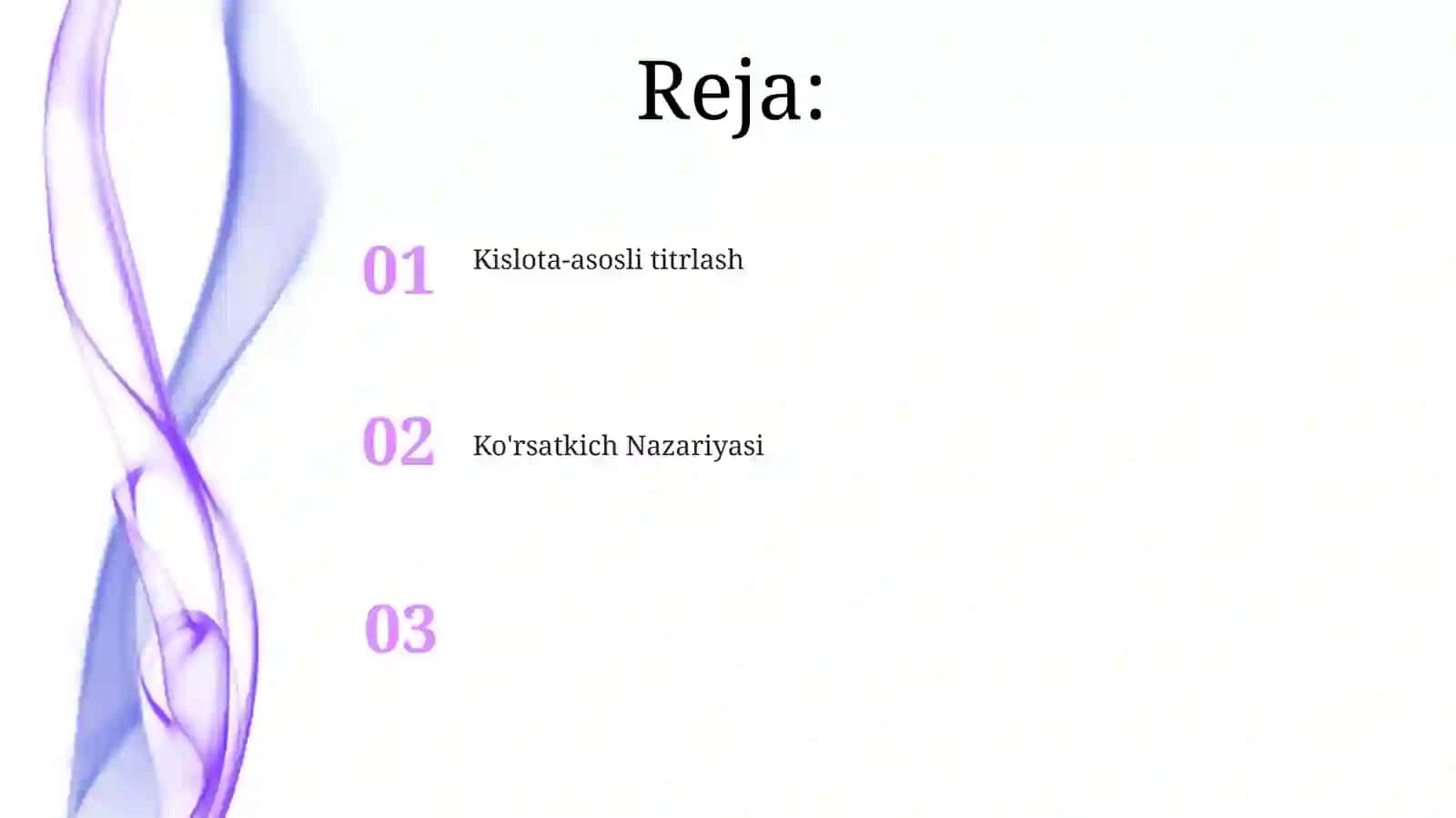 Neytrallash metodi. Indikatorlar nazariyasi. Titrlashdagi atsidometrik va alkalimetrik usullar 2