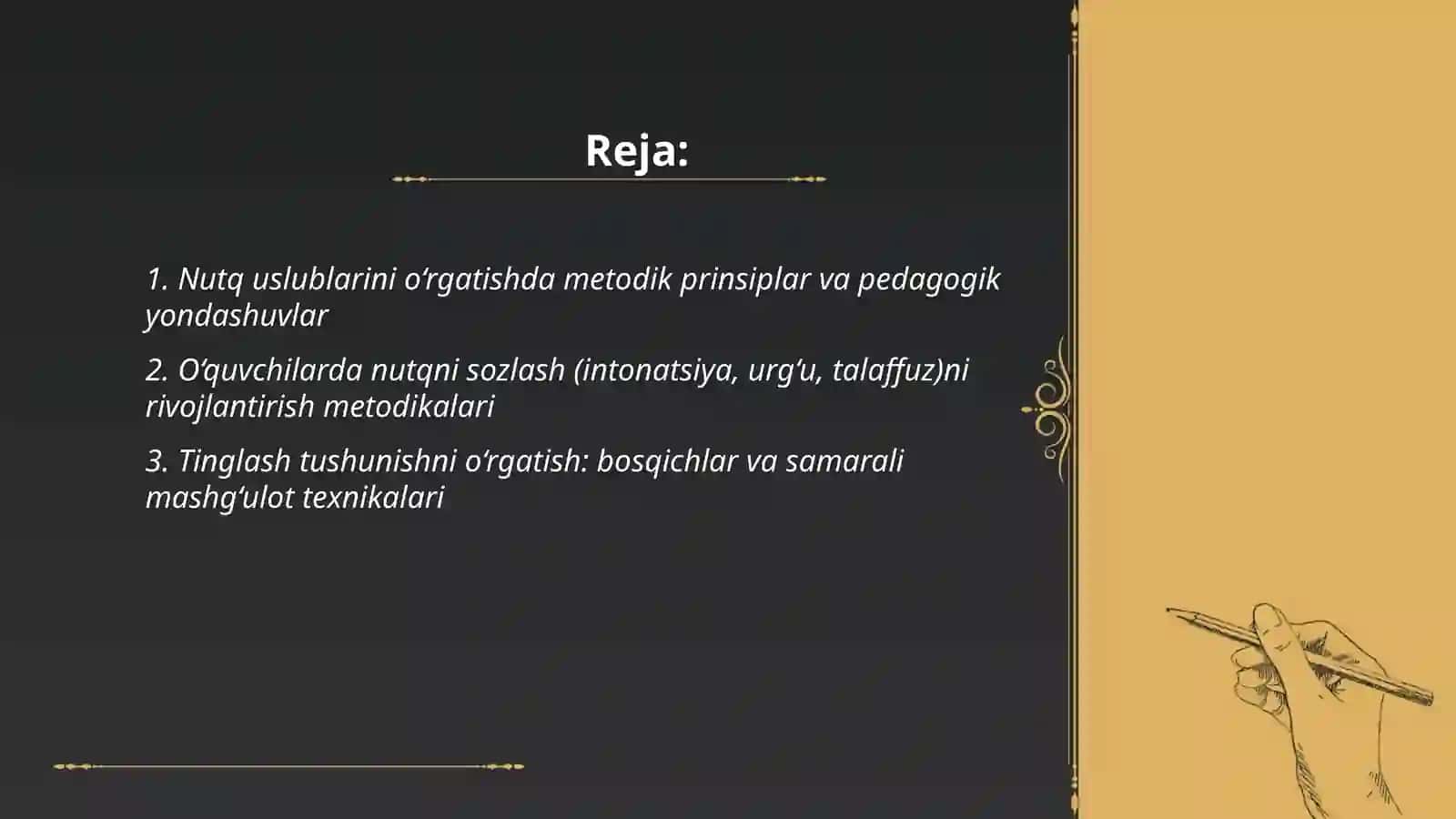 NUTQ USLUBLARI USTIDA ISHLASH METODIKASI.OQUVCHILARDA NUTQ SOZLASH VA TINGLASH TUSHUNISH VA YOZISH KONIKMALARINI RIVOJLANTIRISH 2