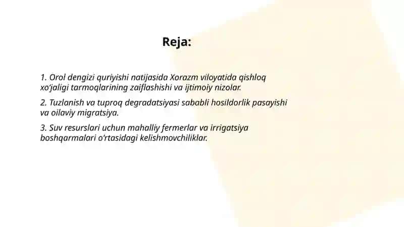 Orol dengizi bilan bogʻliq ekologik xalokatlar Xorazm viloyatidagi ijtimoiy nizolar va migratsiyaga qanday sabab boʻlayotganini koʻrib chiqish 2
