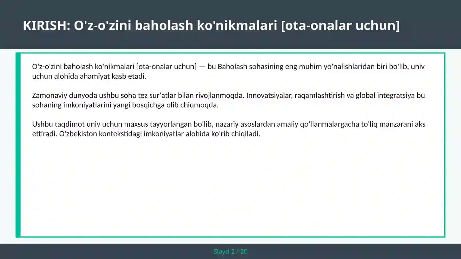 O'z-o'zini baholash ko'nikmalari [ota-onalar uchun] 2