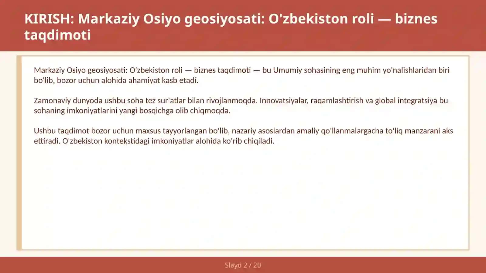 Markaziy Osiyo geosiyosati: O'zbekiston roli — biznes taqdimoti 2