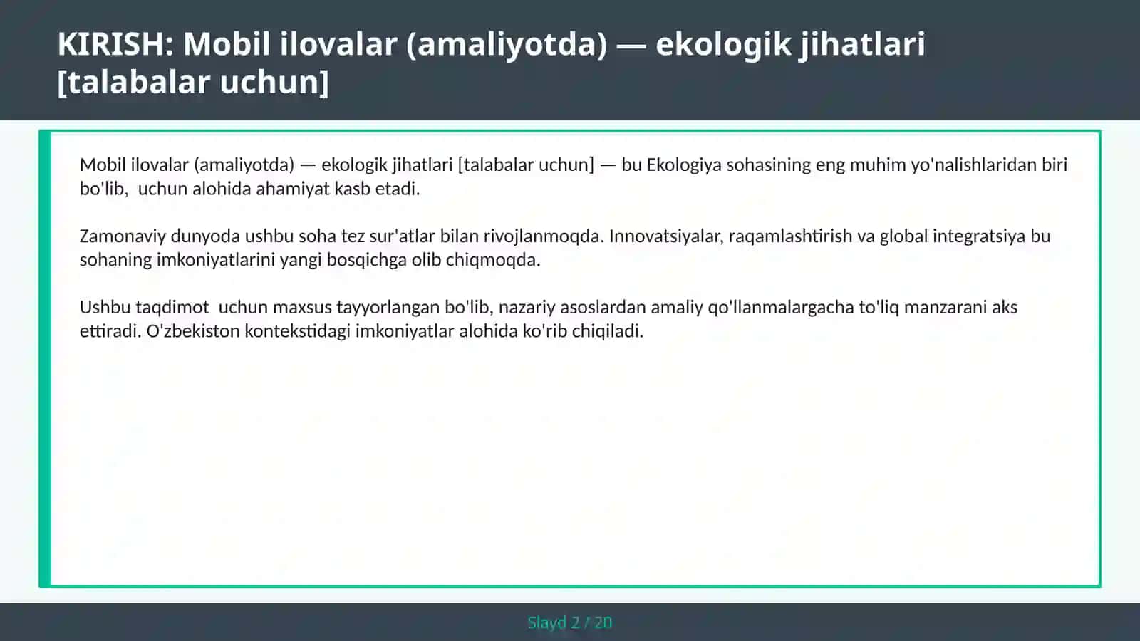 MOBIL ILOVALAR (AMALIYOTDA) — EKOLOGIK JIHATLARI [TALABALAR UCHUN] 2
