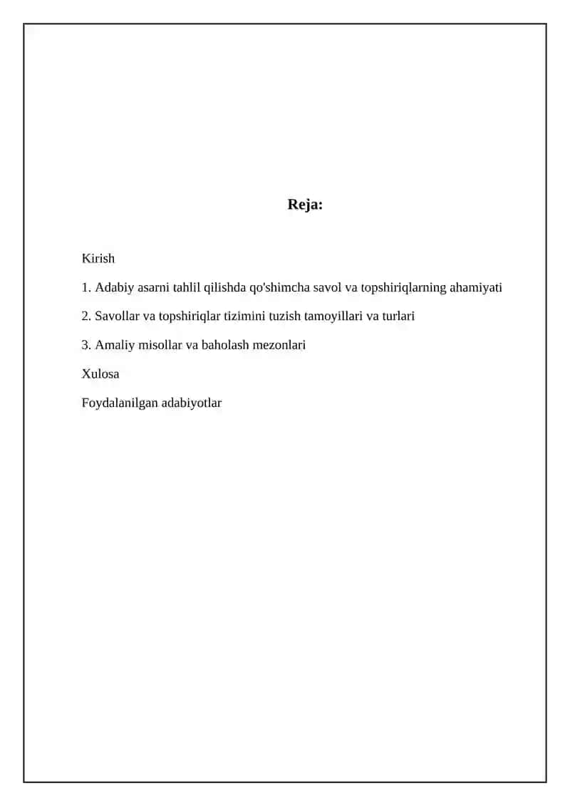 Badiiy asar tahliliga oid qoʻshimcha savol va topshiriqlar tizimini ishlab chiqish 2