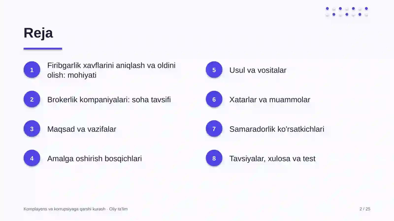 Komplayens va korrupsiyaga qarshi kurash · Oliy ta'lim 2