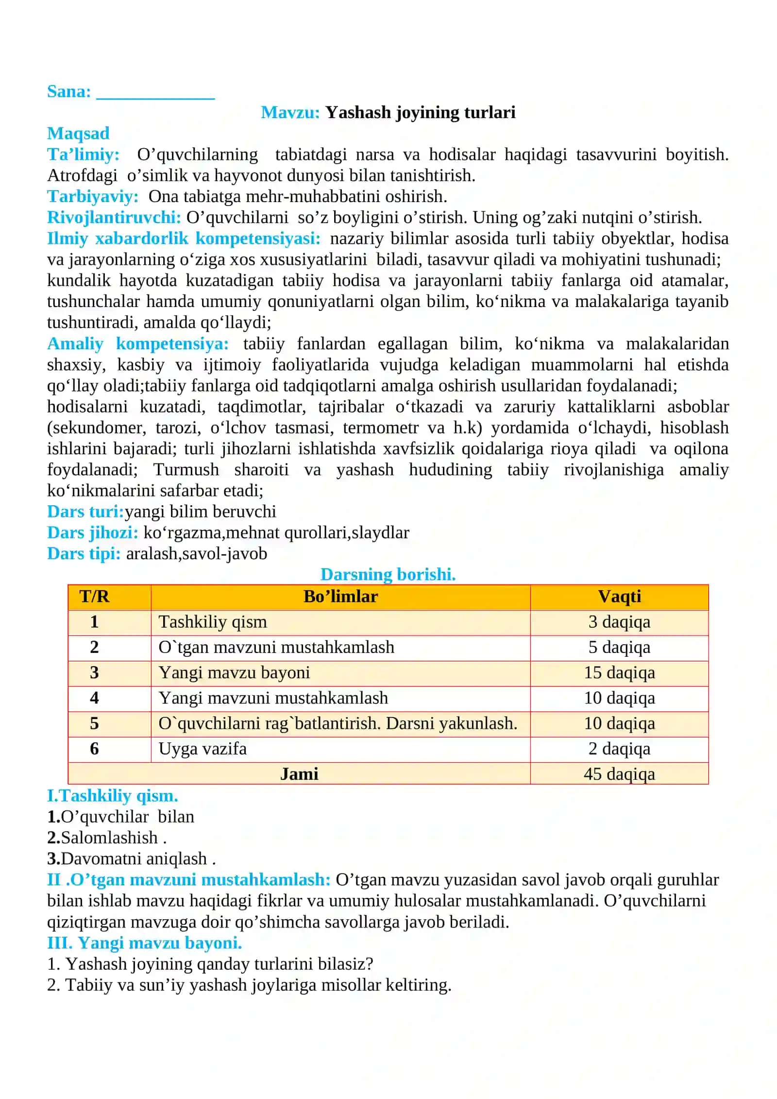 3-sinf Tabiiy fan (Science) Yashash joyining turlari mavzusida dars ishlanma 2