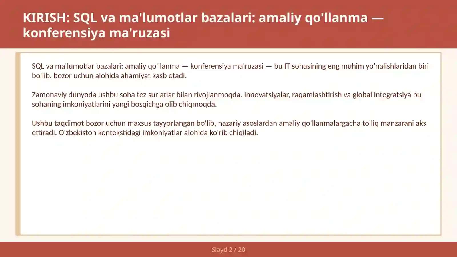 SQL va ma'lumotlar bazalari: amaliy qo'llanma — konferensiya ma'ruzasi 2