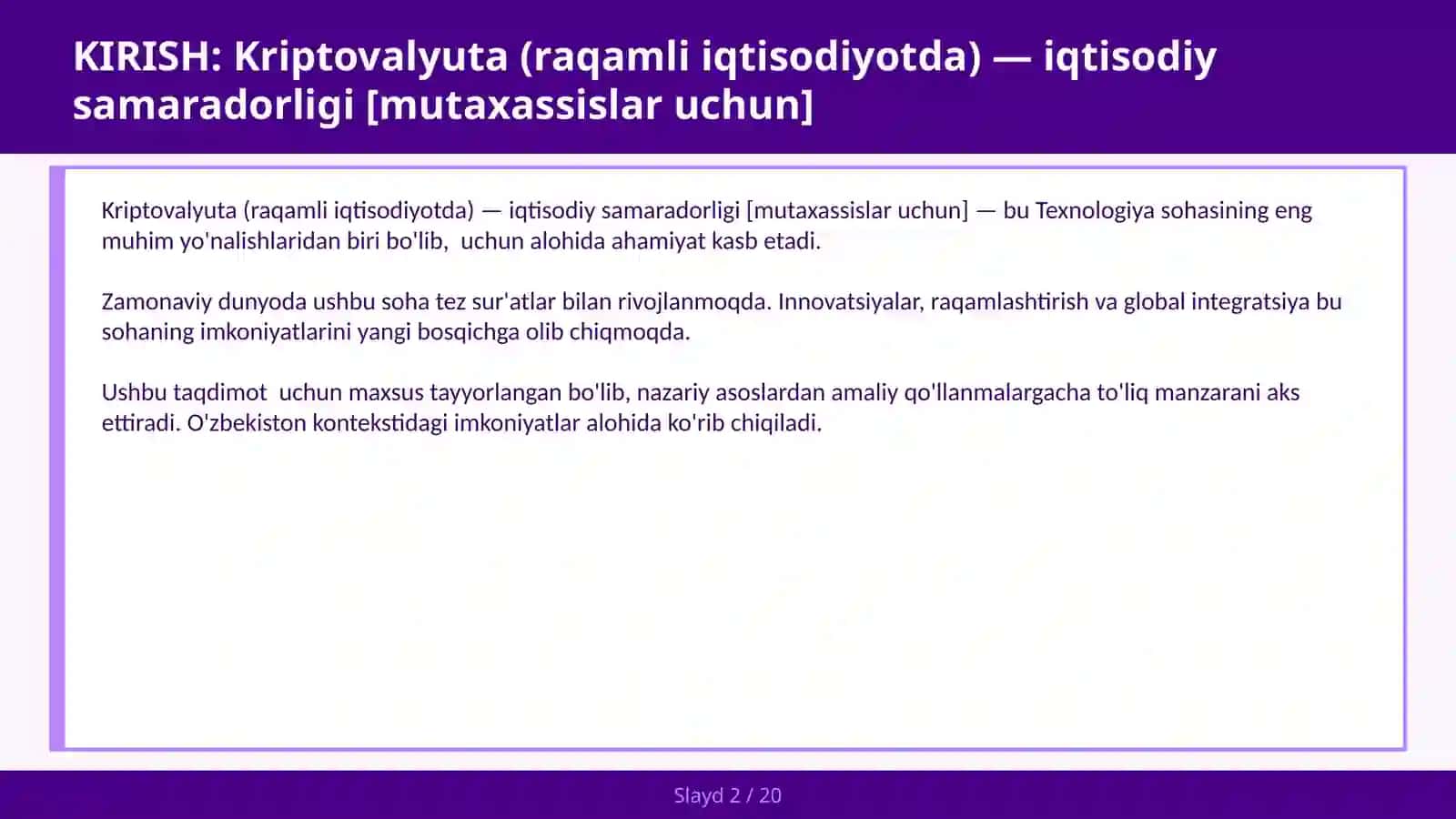 KRIPTOVALYUTA (RAQAMLI IQTISODIYOTDA) — IQTISODIY SAMARADORLIGI [MUTAXASSISLAR UCHUN] 2