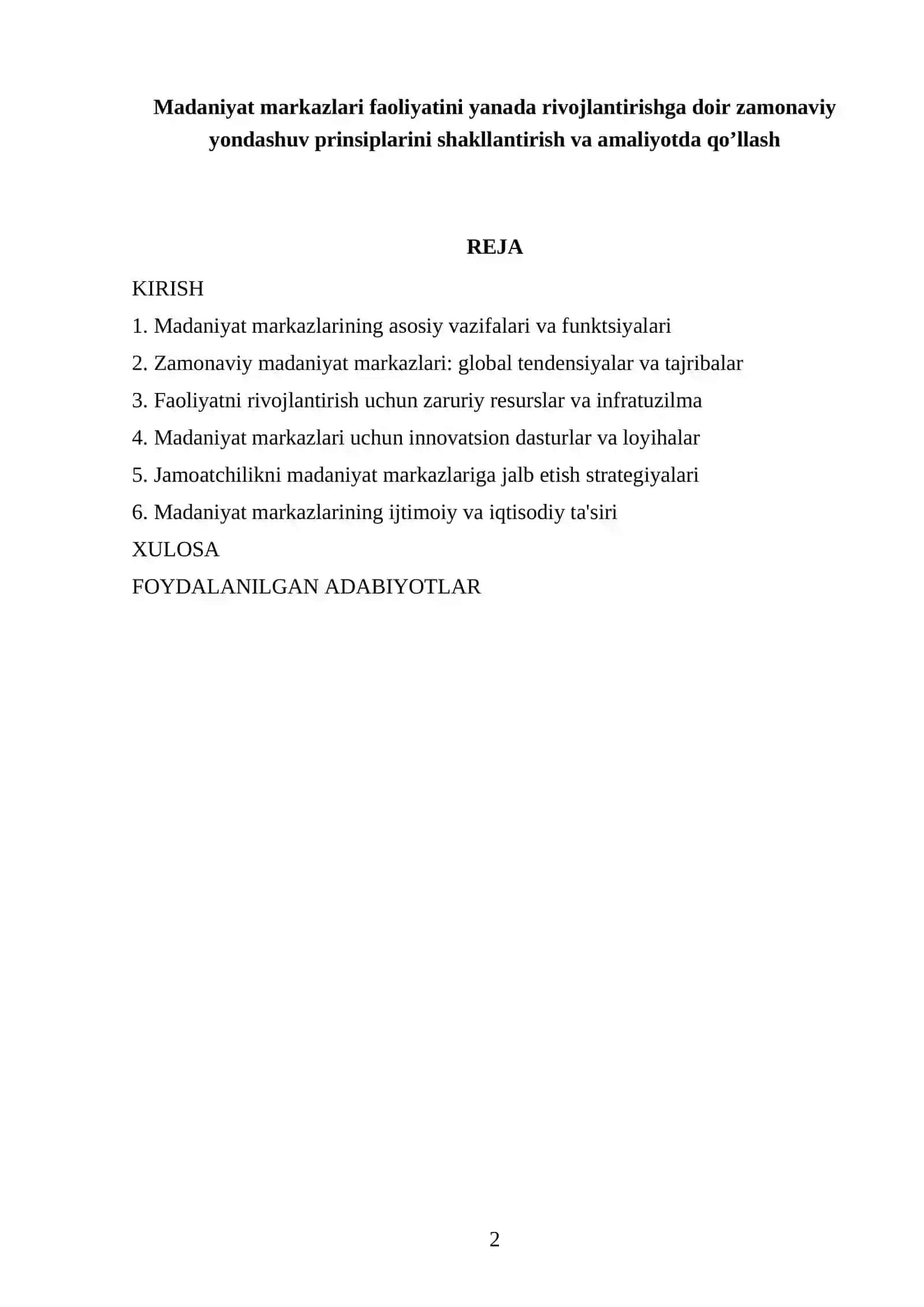 Madaniyat markazlari faoliyatini yanada rivojlantirishga doir zamonaviy yondashuv prinsiplarini shakllantirish va amaliyotda qo’llash 2