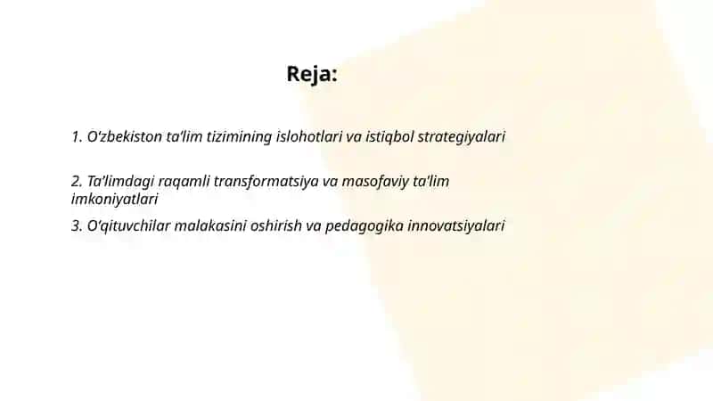 Oʻzbekiston Respublikasida taʼlim sohasi rivoji va istiqbol imkoniyatlar 2