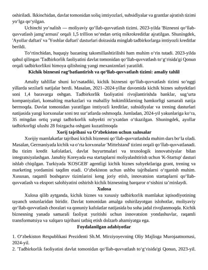 Kichik biznes va xususiy tadbirkorlik rivojlanishini rag‘batlantirish va qo‘llab-quvvatlash tizimi 2
