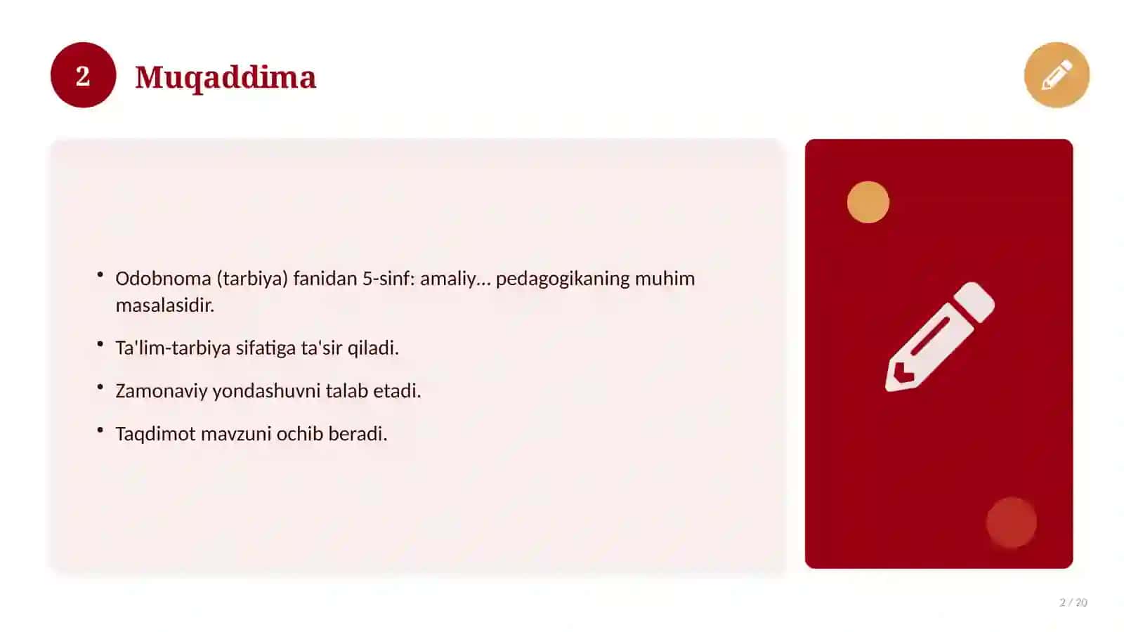 Odobnoma (tarbiya) fanidan 5-sinf: amaliy mashg'ulot ishlanmasi 2