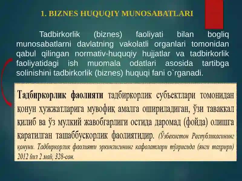 Tadbirkorlik Faoliyati. Biznes Huquqi Sub`ektlari 2