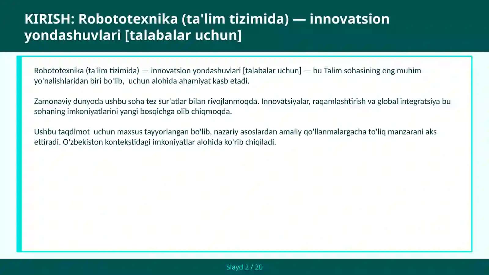Robototexnika (ta'lim tizimida) — innovatsion yondashuvlari [talabalar uchun] 2
