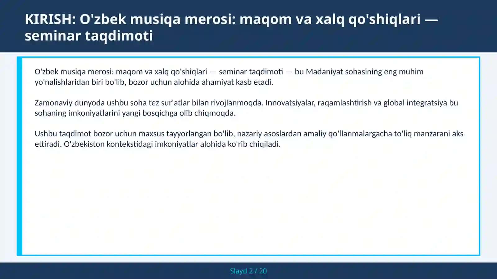 O'zbek musiqa merosi: maqom va xalq qo'shiqlari — seminar taqdimoti 2