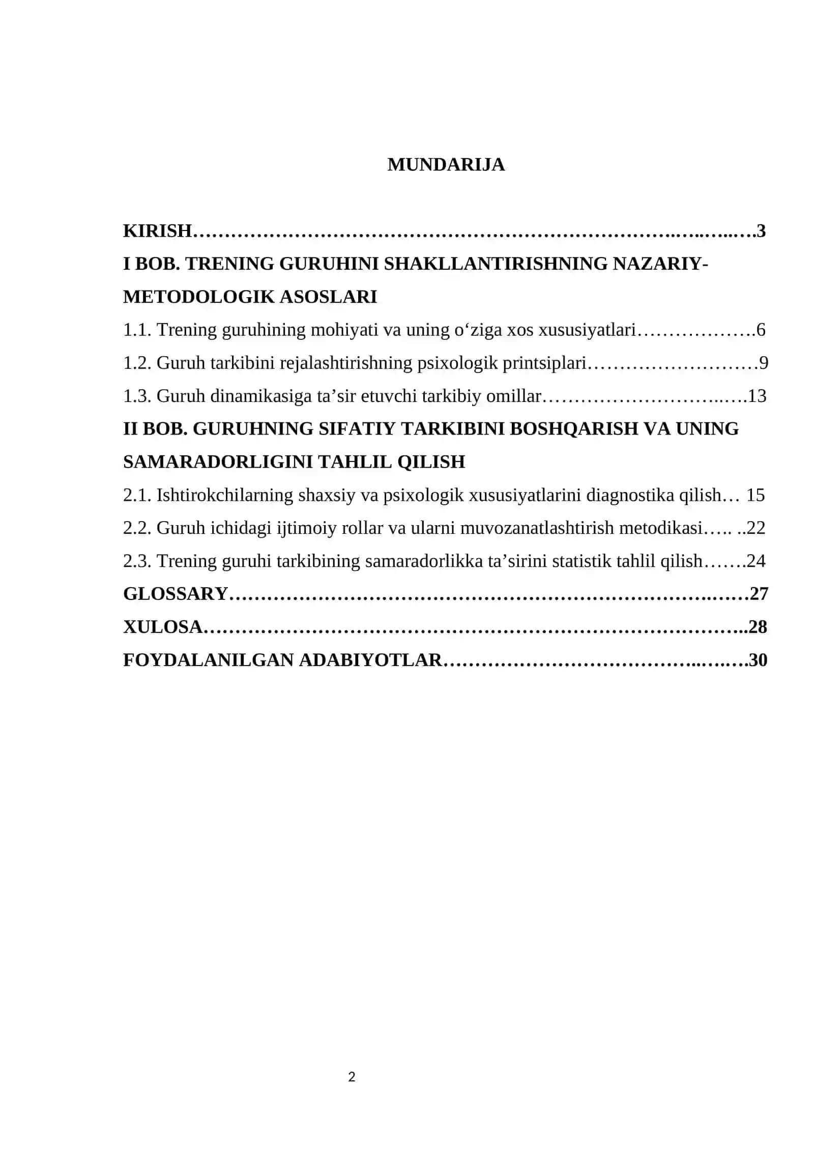 Trening guruhining sifatiy tarkibi.  KURS ISHI 2