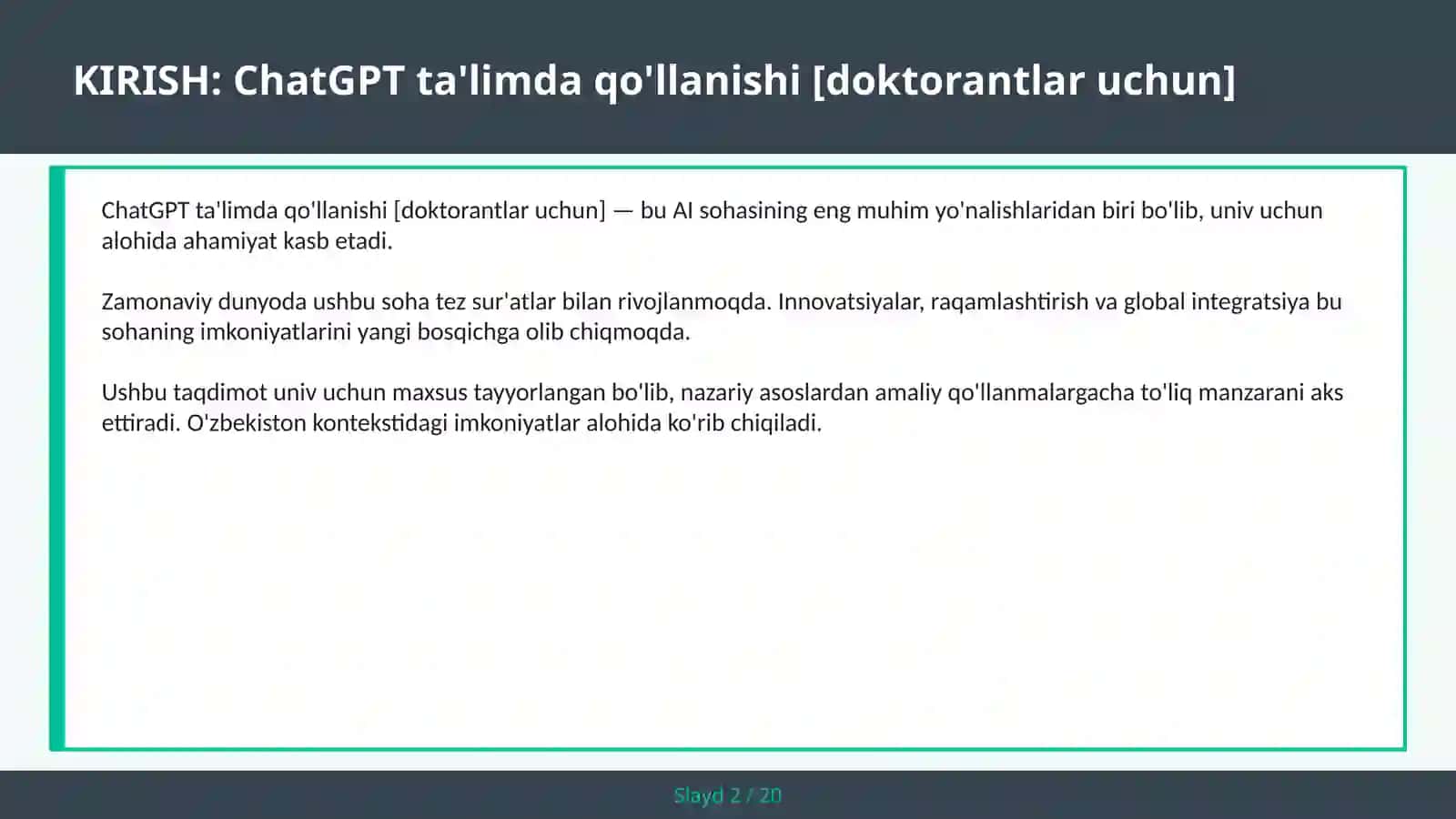 ChatGPT TA'LIMDA QO'LLANISHI [DOKTORANTLAR UCHUN] 2