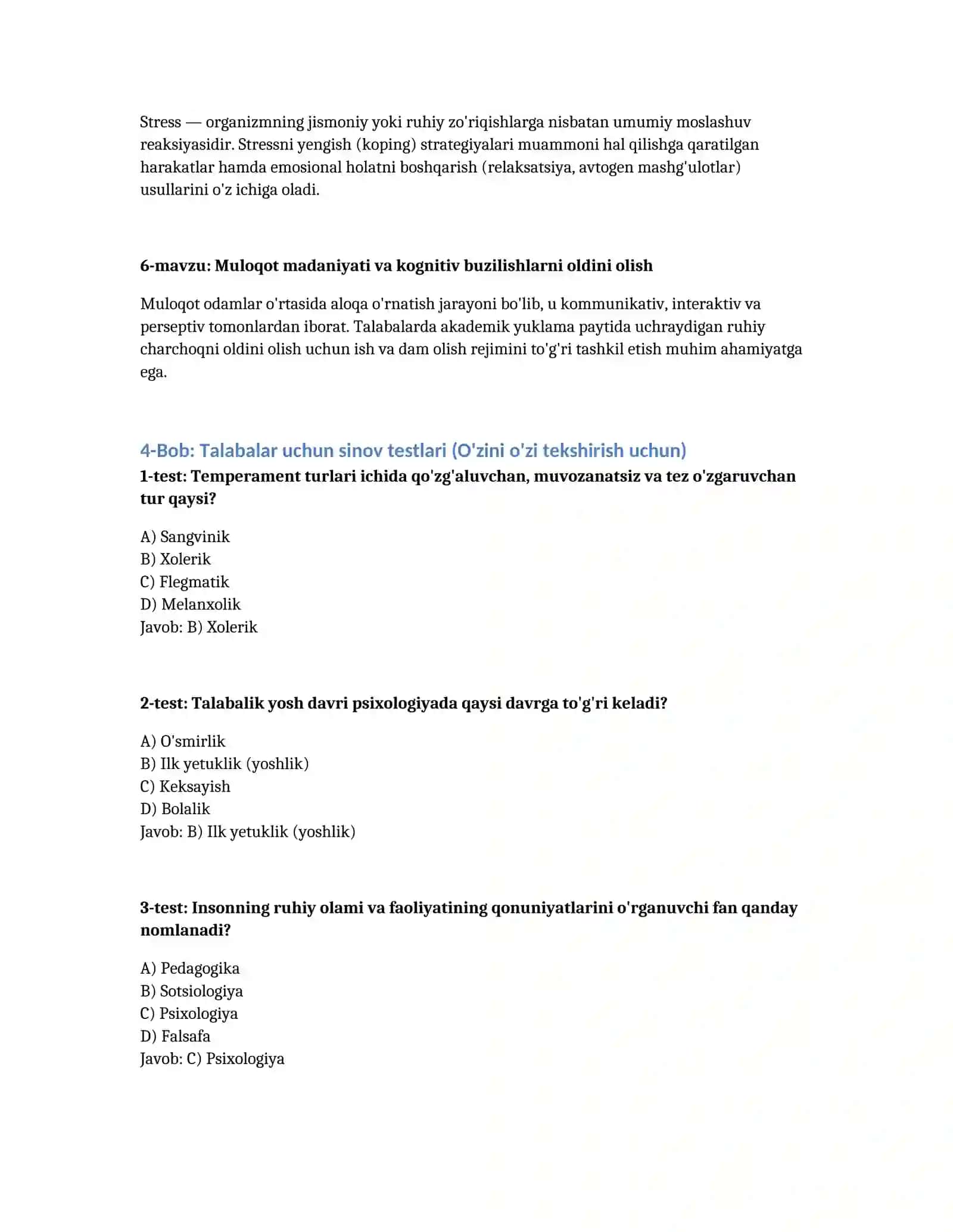 Psixologiya fanidan talabalar uchun konspektlar va test savollari 2