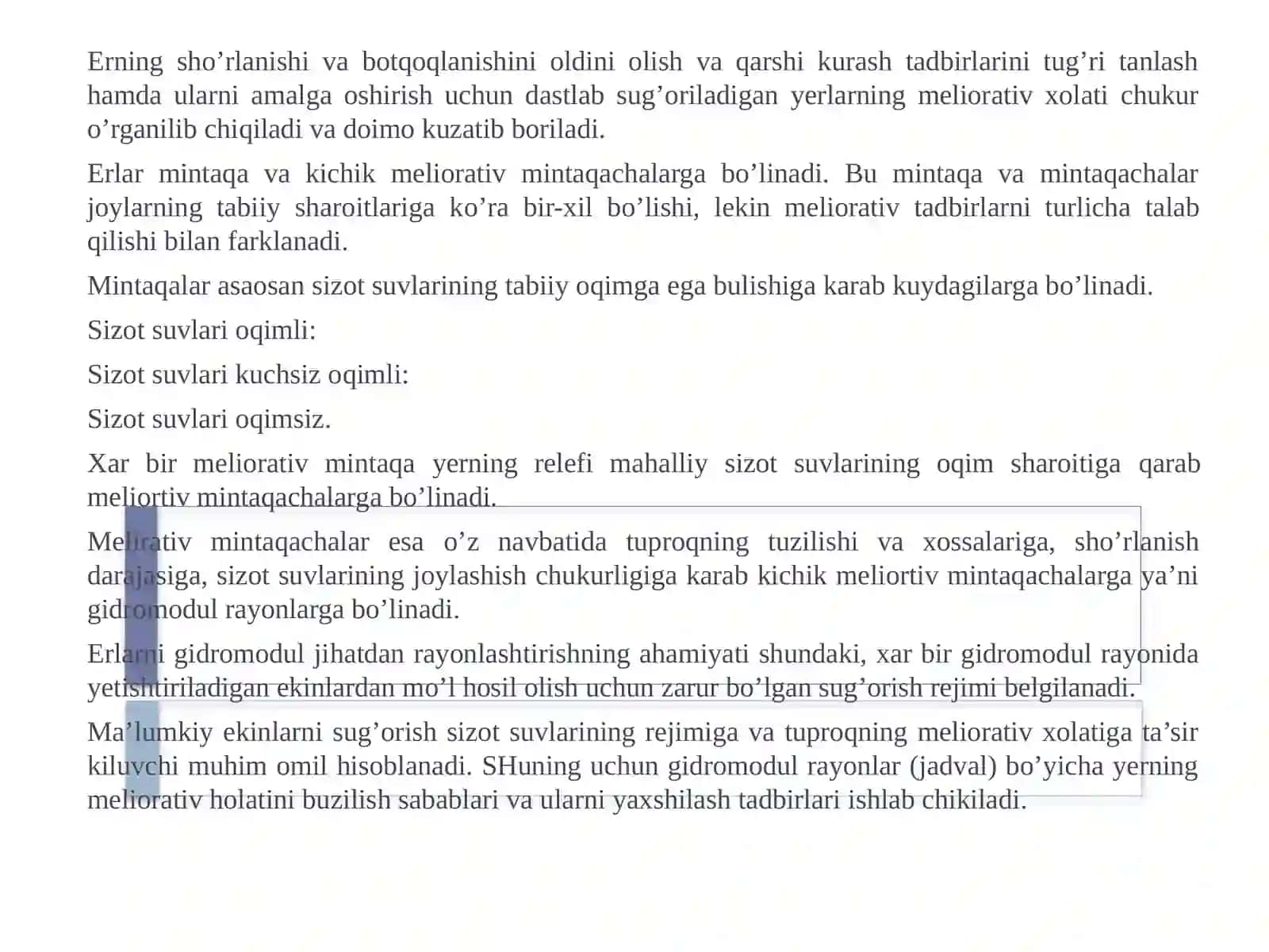 YERNING SHO’RLANISHI VA BOTQOQLANISHINING OLDINI OLISH VA QARSHI KURASHDA KO’LLANILADIGAN MELIORATIV, TADBIRLARI MAJMUASI 2