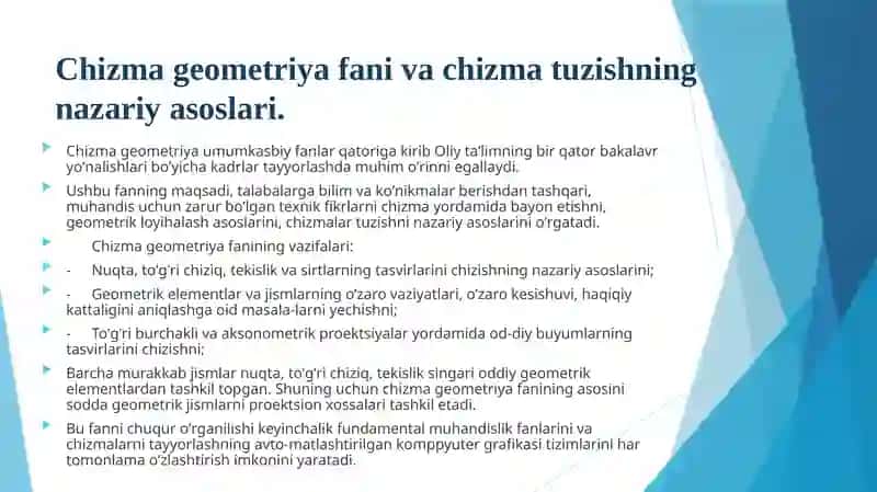 2-MA’RUZA. PROEKSIYALASH ASOSLARI.NUQTA, TO‘G‘RI CHIZIQNING PROEKSIYALARI 2