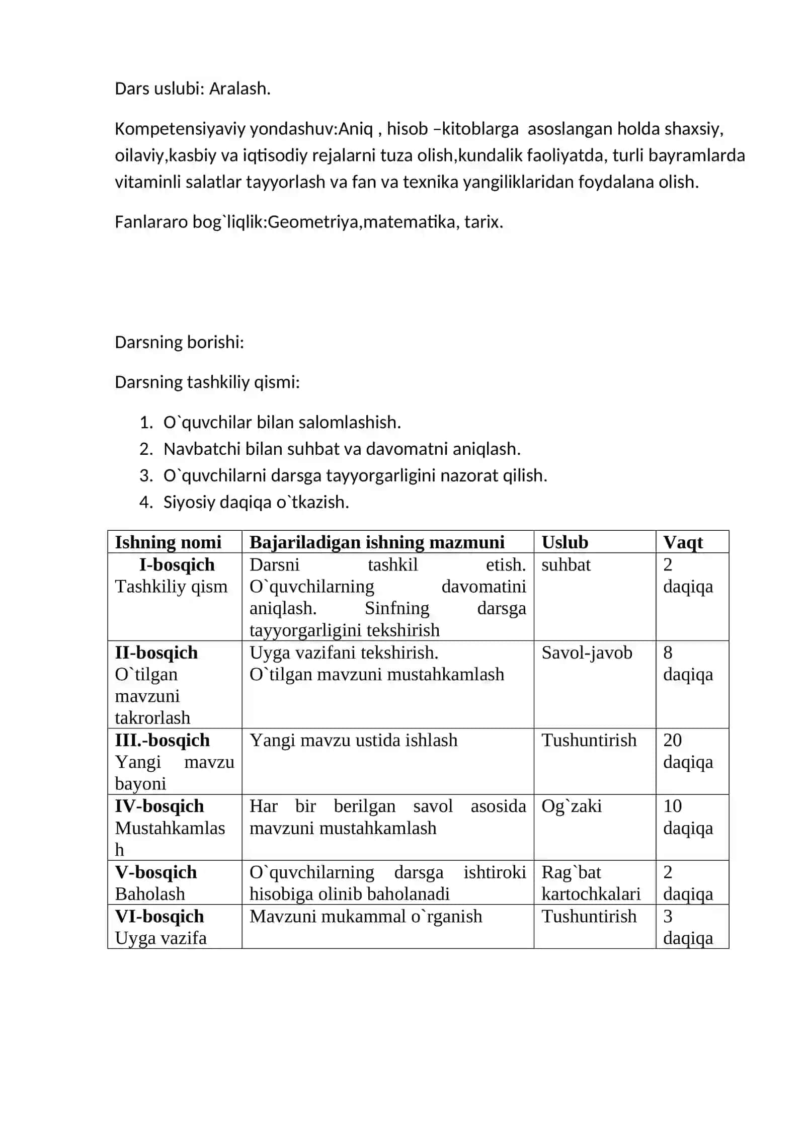 8-sinf Texnologiya fanidan To'yimli salatlar tayyorlash mavzusida dars ishlanma 2