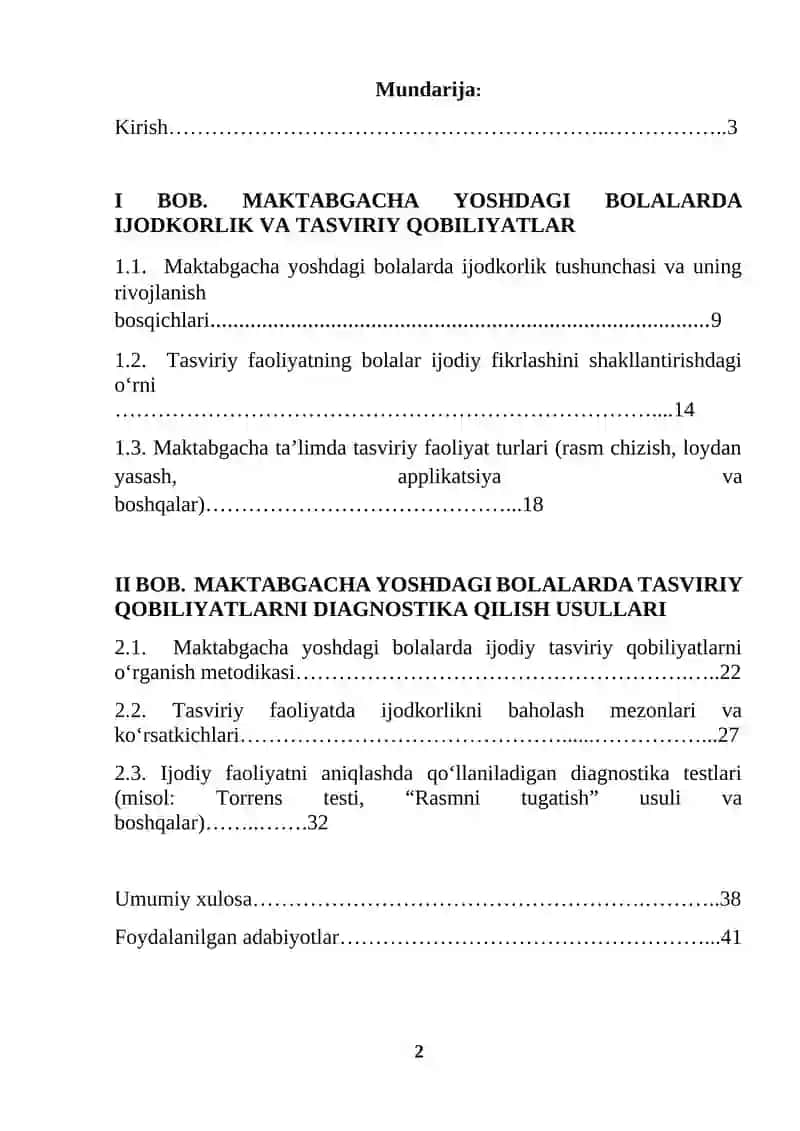 Ijodkorlik darajasini baholash: maktabgacha yoshdagi bolalarda tasviriy qobiliyatlarni diagnostika qilish usullari (KURS ISHI) 2