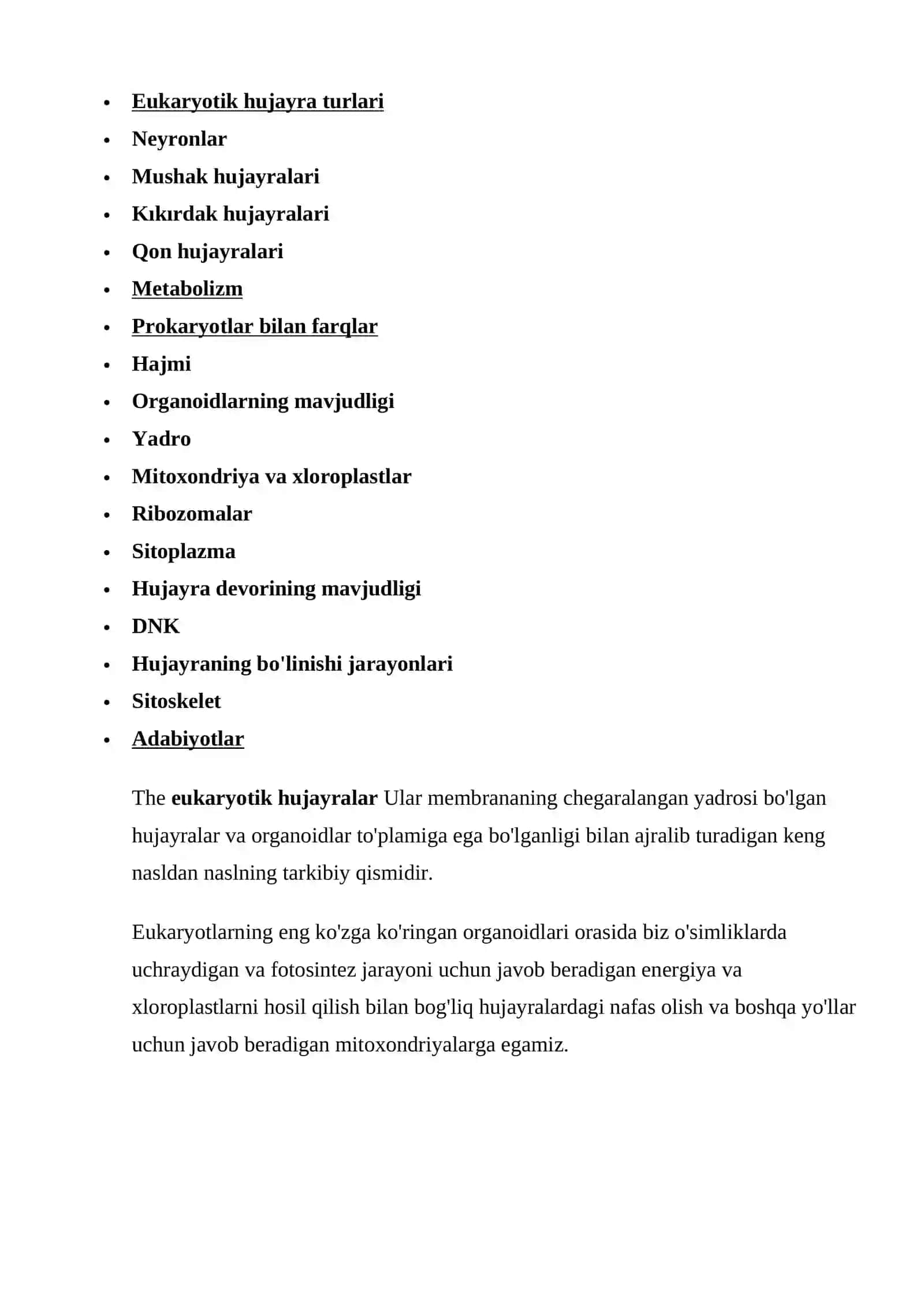 Eukaryotik hujayra: xususiyatlari, turlari, qismlari, metabolizmi 2