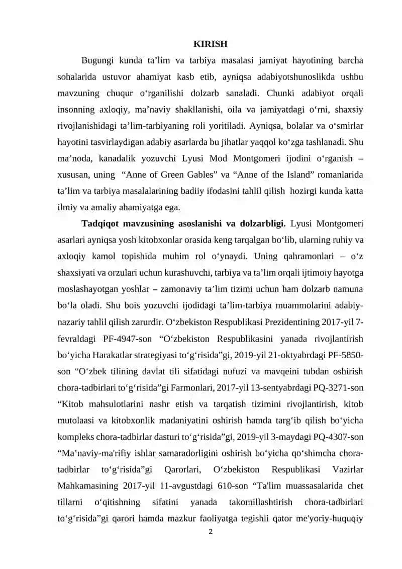 LYUSI MONTGOMERI IJODIDA TA’LIM-TARBIYA MASALASI 2