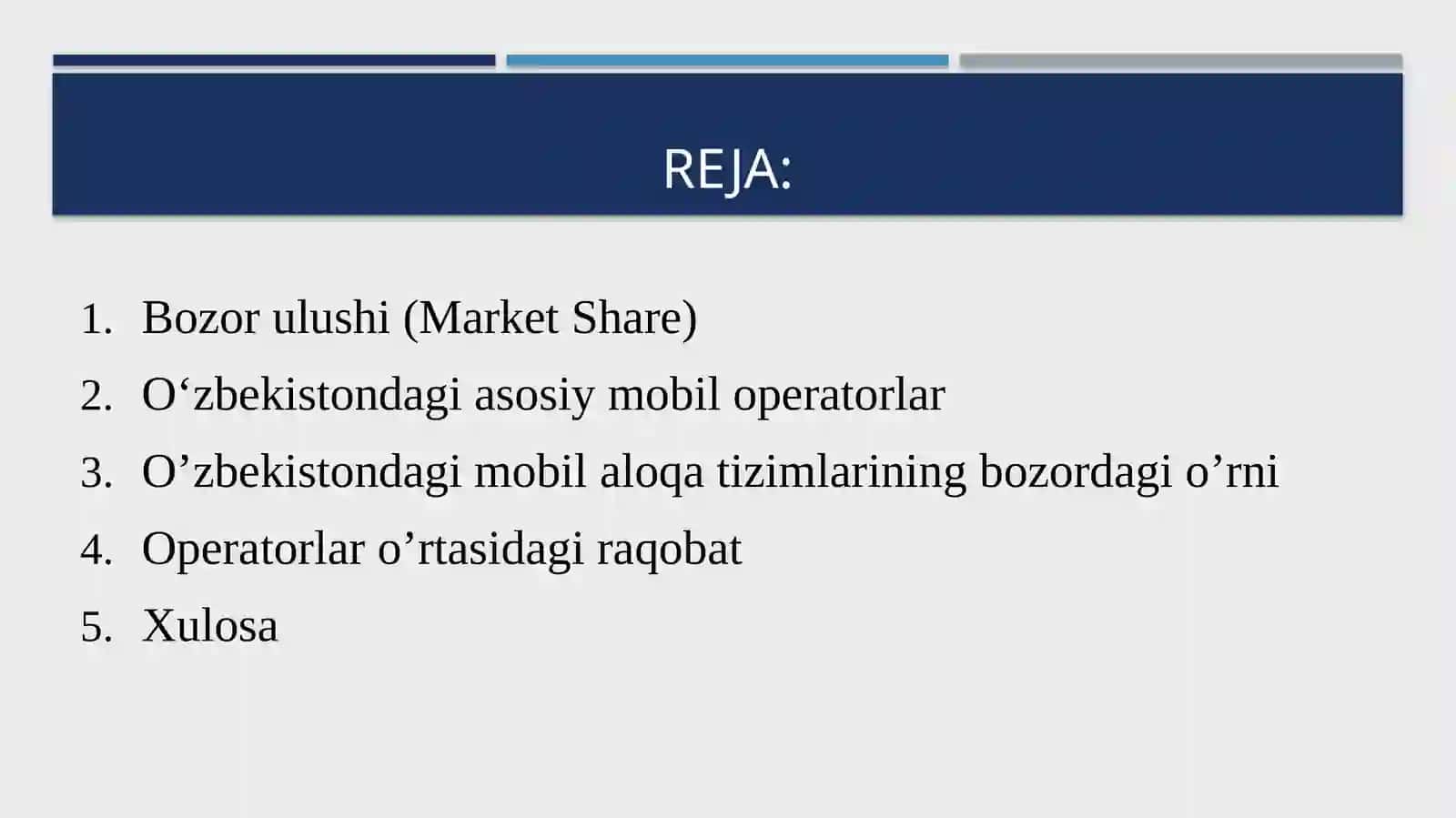 “Mobil aloqa operatorlarining bozor ulushi tahlili (Market Share) 2
