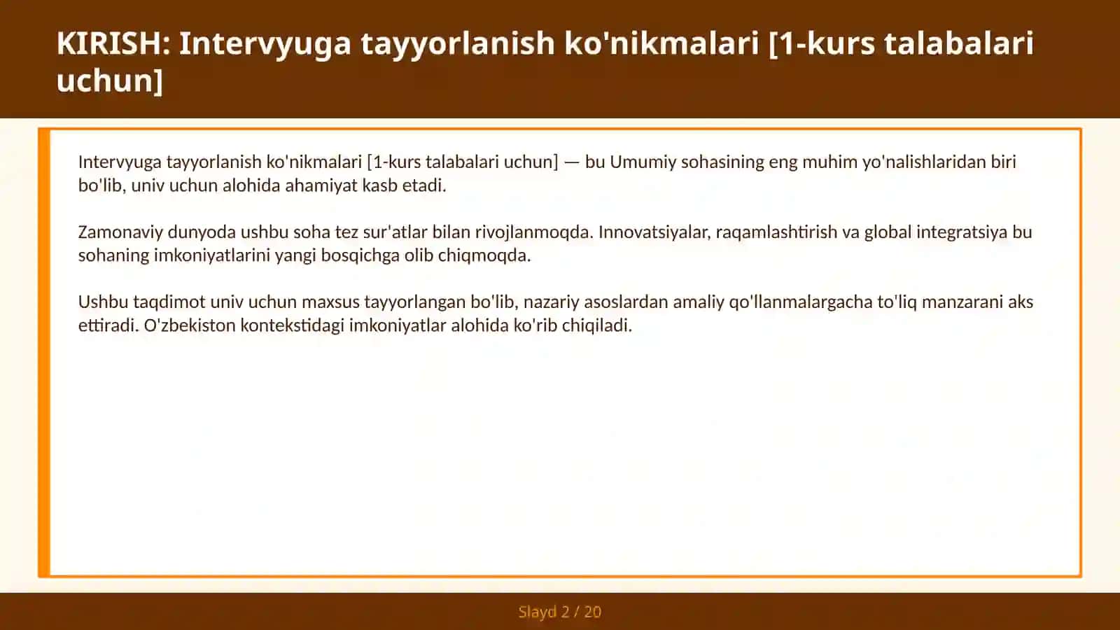 Intervyuga tayyorlanish ko'nikmalari [1-kurs talabalari uchun] 2