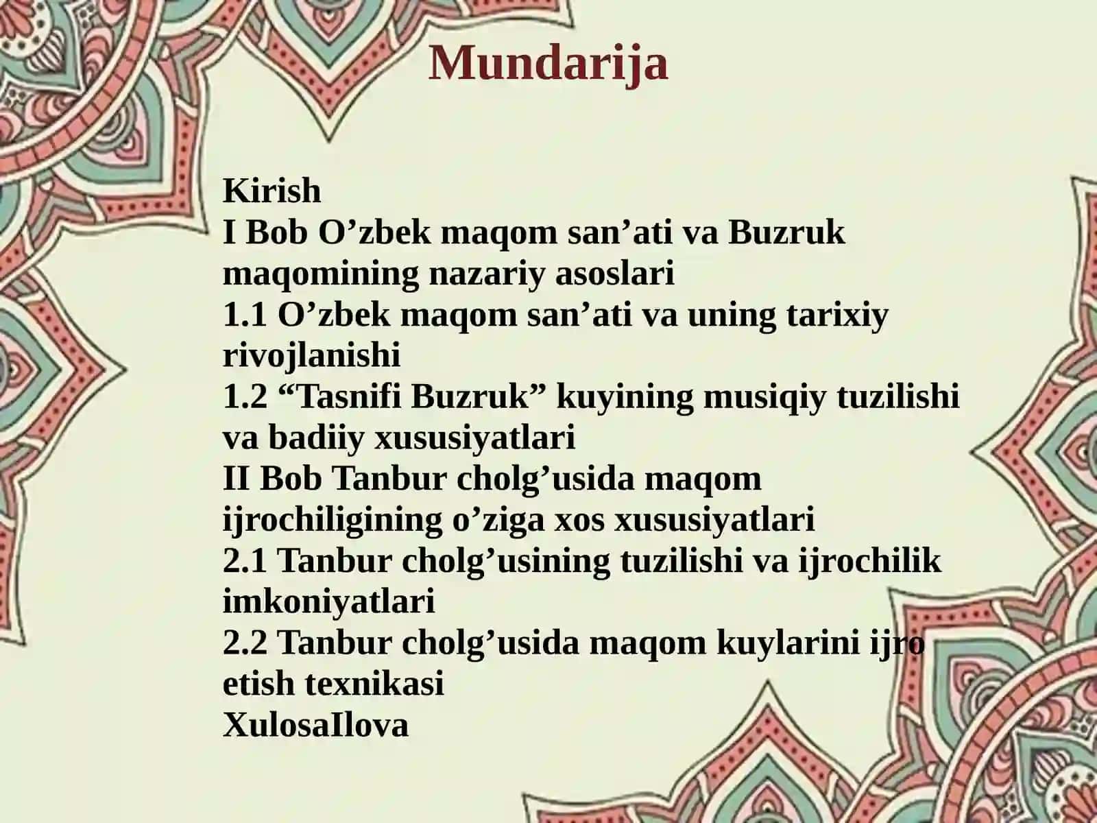 Yuqori sinf o’quvchilariga Buzruk maqomidan “Tasnifi Buzruk” kuyini tanbur cholg’usida o’rgatish metodikasi 2