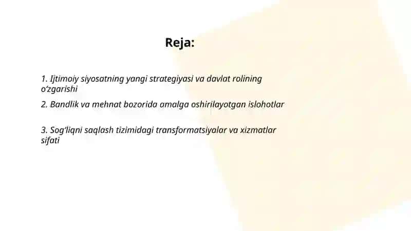 O‘zbekistonda ijtimoiy sohada amalga oshirilayotgan o‘zgarishlar mazmun va mohiyati 2