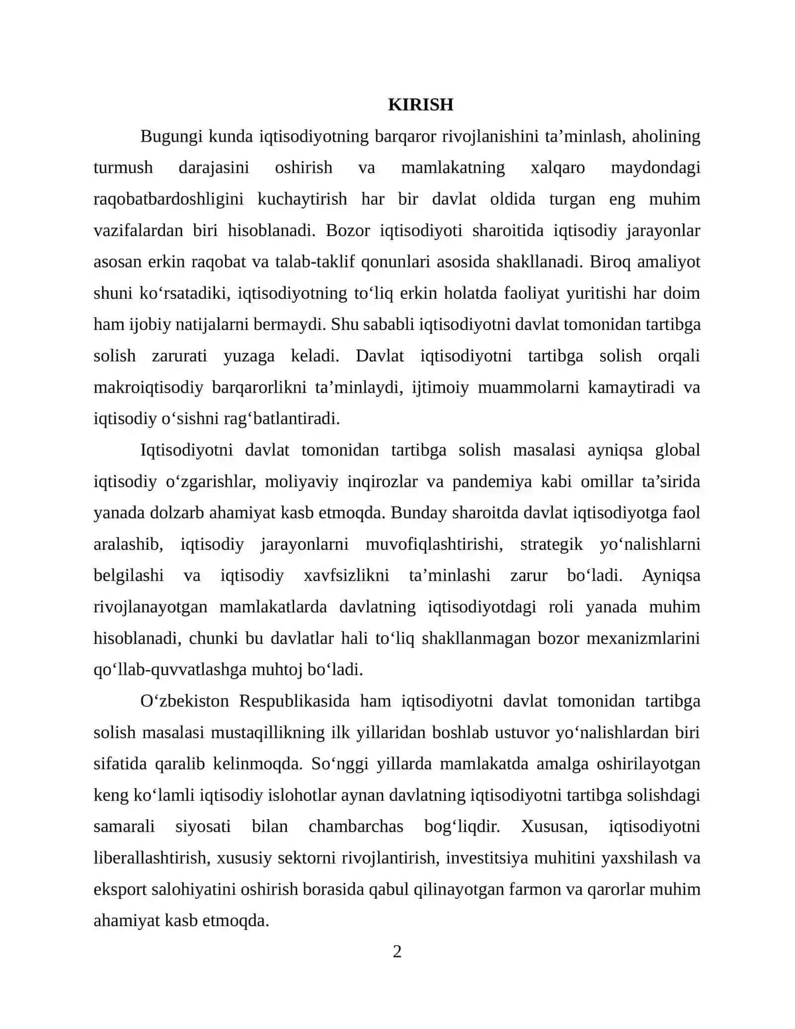 Iqtisodiyotni davlat tomonidan tartibga solish, uning vositalari va usullari mavzusida kurs ishi 2