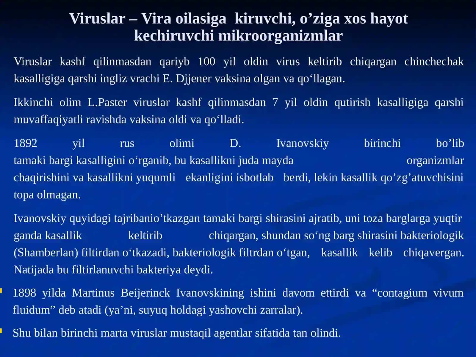 Ummumiyvirusologiya.Bakteriofaglar. Mikroorganizmlar ekologiyasi. Suv, tuproq, havo mikroflorasi. Odam organizmi mikroflorasi, ularni o’rganish usullari va tibbiyot amaliyotidaahamiyati 2