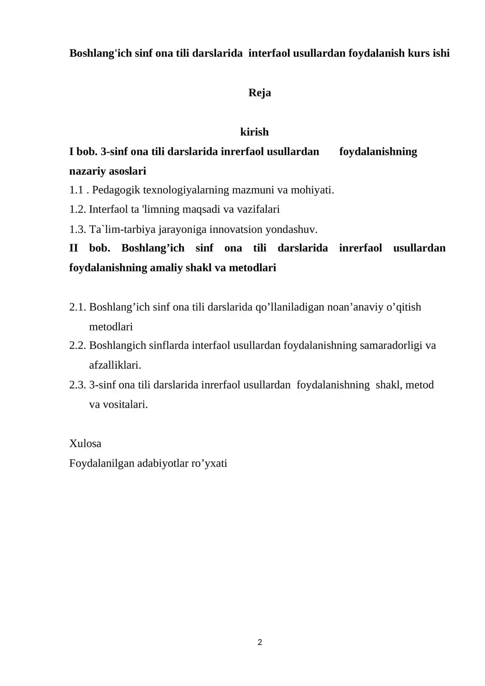 Boshlang'ich sinf ona tili darslarida interfaol usullardan foydalanish kurs ishi 2