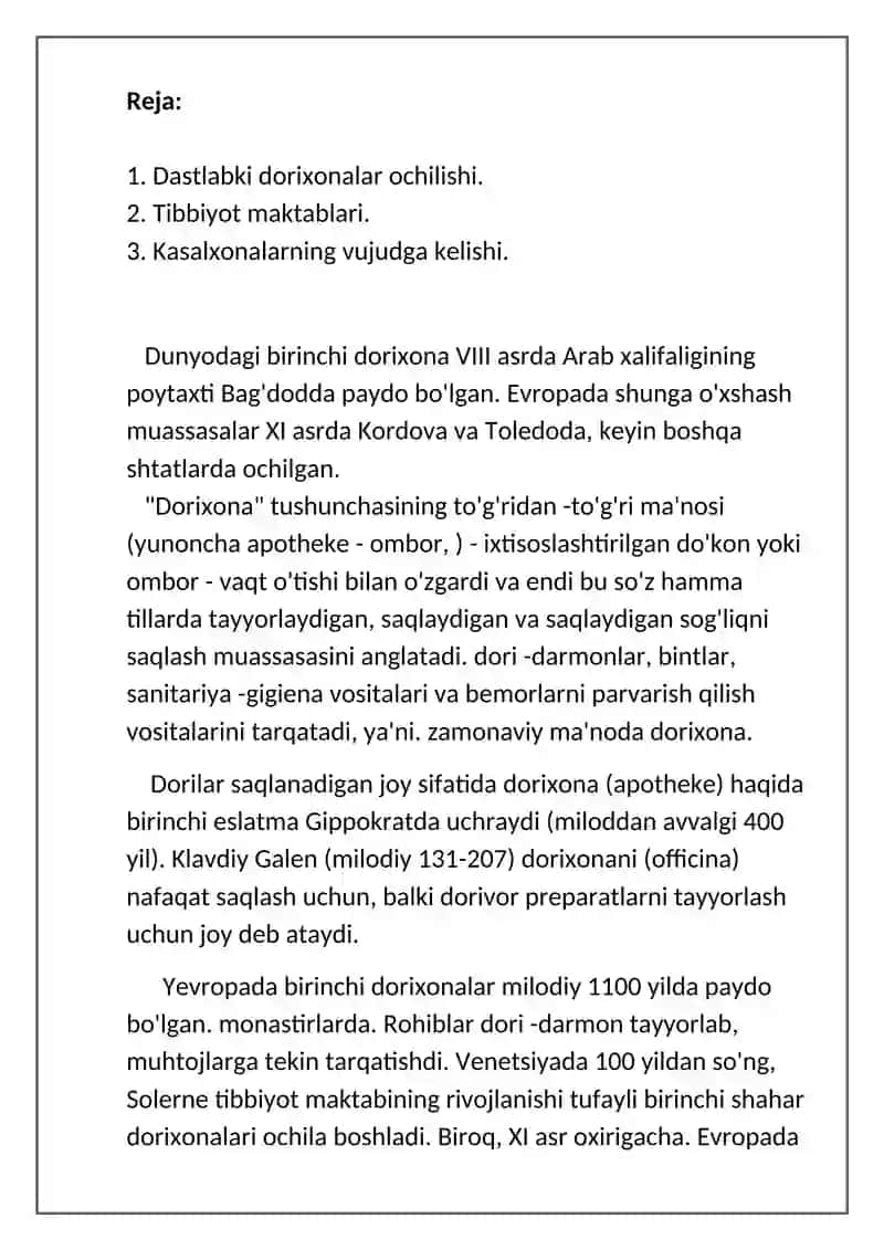 Insoniyat tarixidagi dorixonalar kasalxonalar va tibbiyot maktablarining ochilishi 2