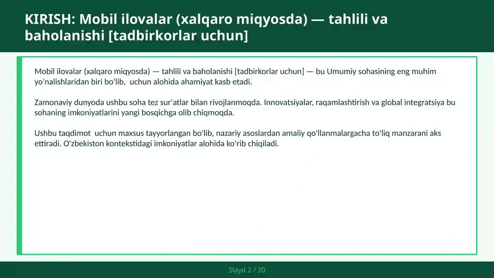 MOBIL ILOVALAR (XALQARO MIQYOSDA) — TAHLILI VA BAHOLANISHI [TADBIRKORLAR UCHUN] 2