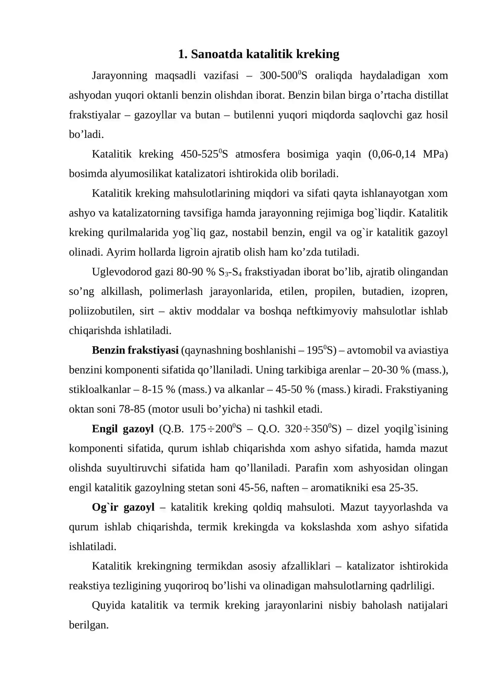 Katalitik kreking jarayonida boruvchi frakstiyalar 2