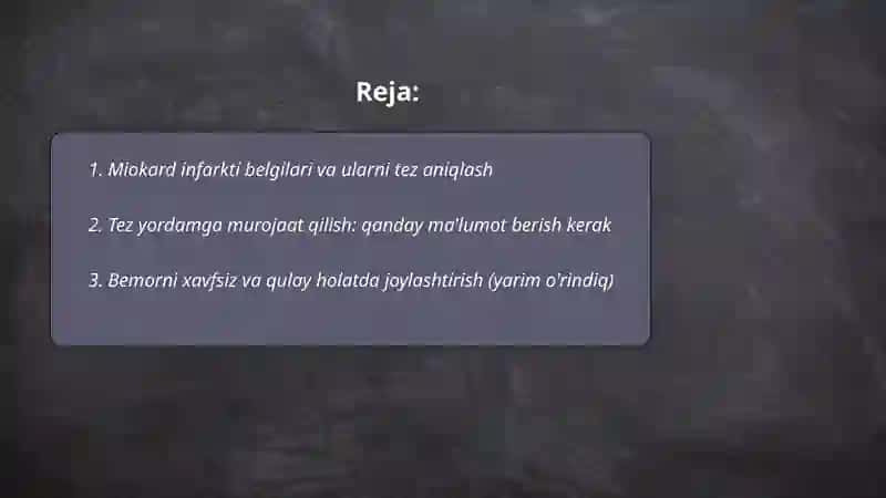 Miokard infarktida kechiktirib bo‘lmaydigan yordam choralari 2